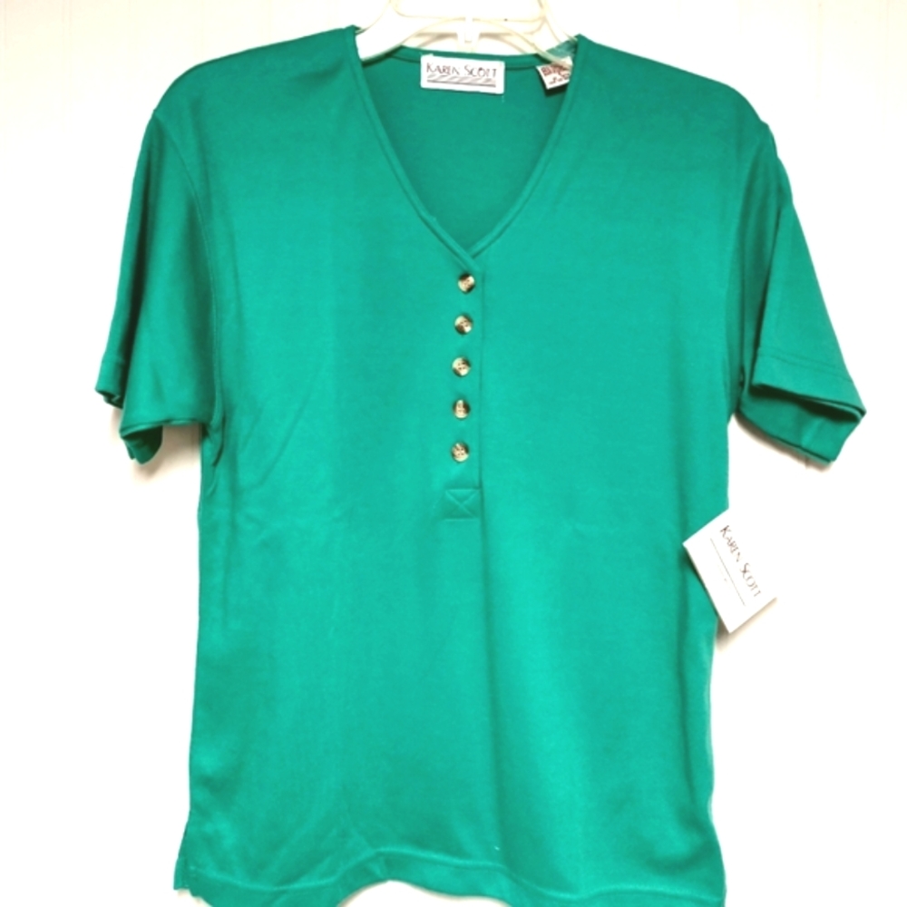 NWT Karen Scott V-neck Pullover 100% Cotton Short Sleeve Button Front Top Shirt